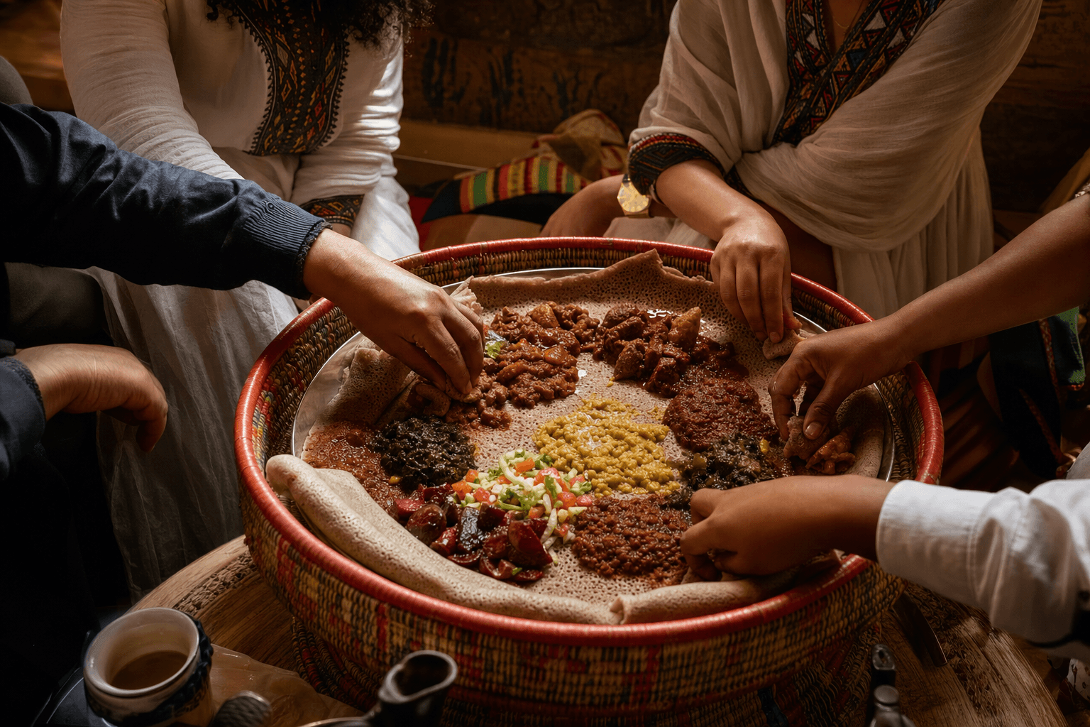 People sharing an Ethiopian meal on a mesob